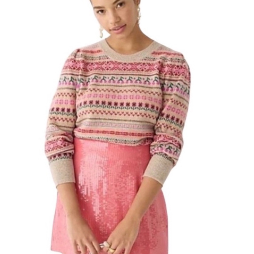 J. Crew Cream Fair Isle Crewneck Sweater with Pink, Red & Green Accents - Picture 3 of 9